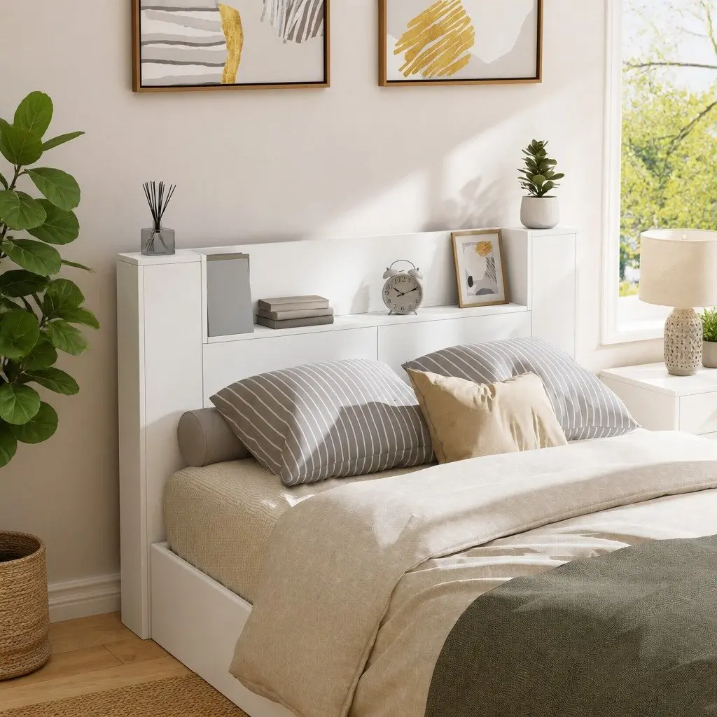 Storage Headboard White Engineered Wood RGB LED Lights with Adjustable Colours and Brightness