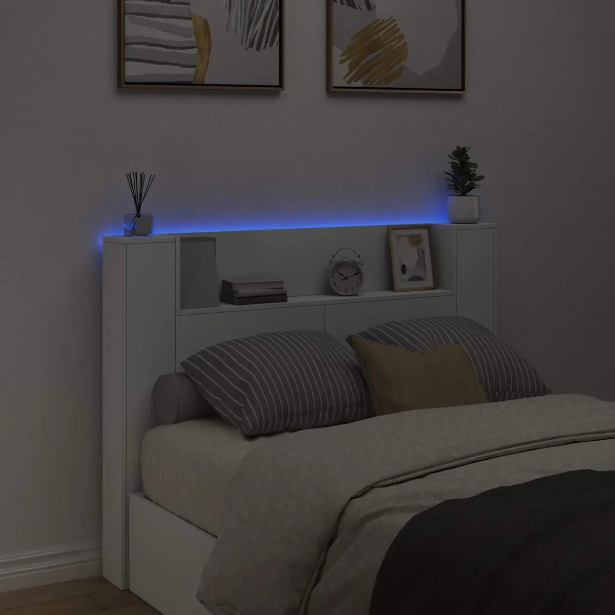 Storage Headboard White Engineered Wood RGB LED Lights with Adjustable Colours and Brightness