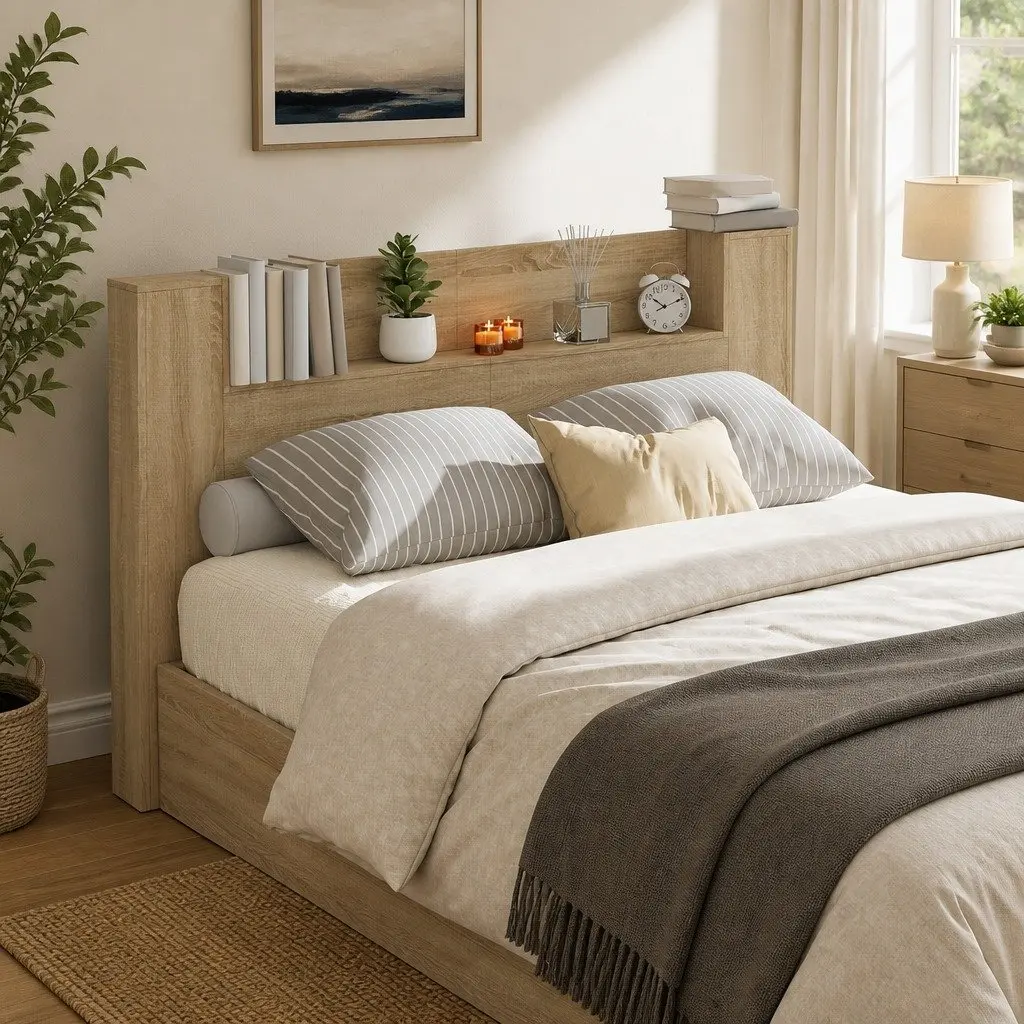 Storage Headboard Brown Engineered Wood Integrated Shelving Adjustable RGB LED Lighting