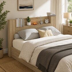 Concise Storage Headboard with LED Lights and Shelves