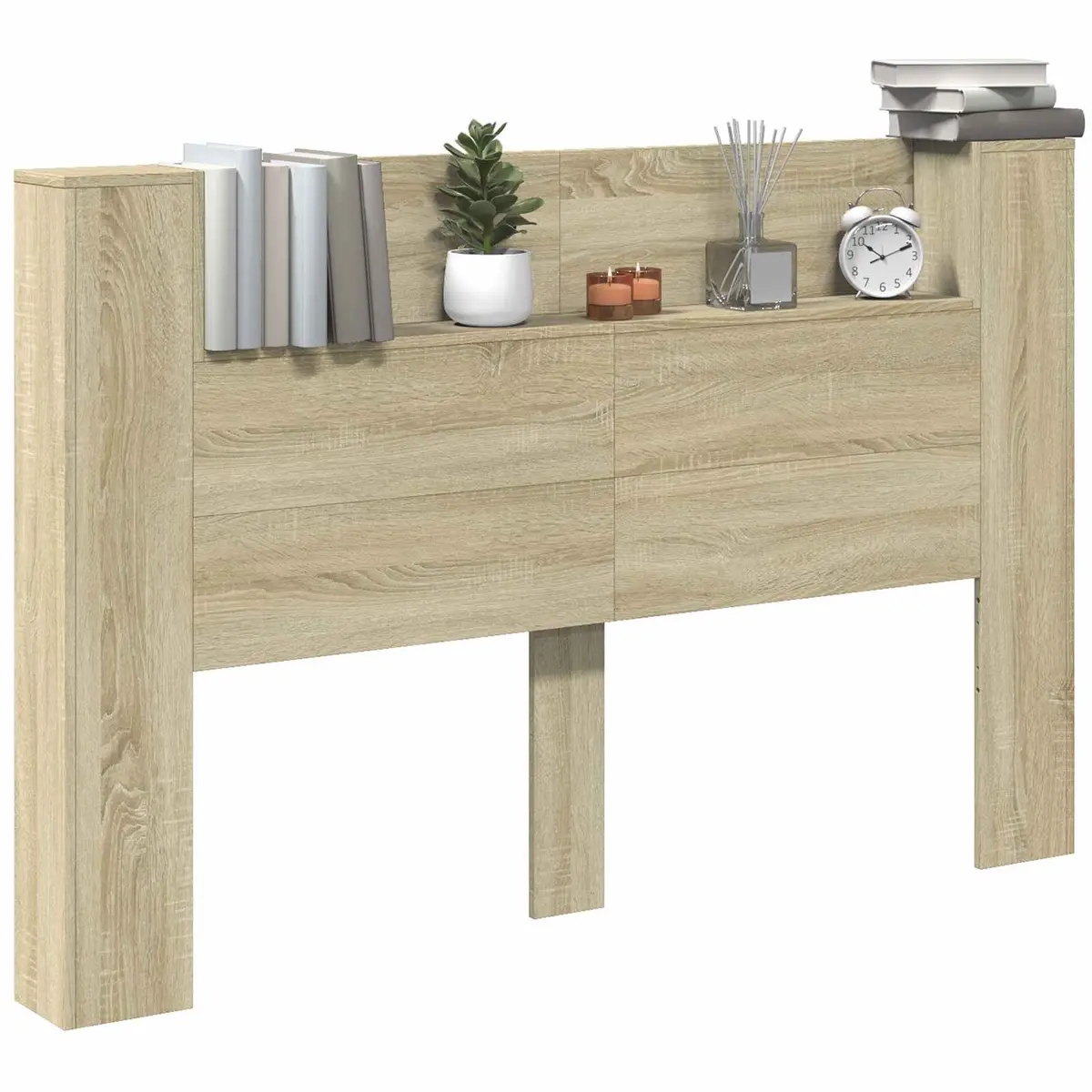 Storage Headboard Brown Engineered Wood Integrated Shelving Adjustable RGB LED Lighting