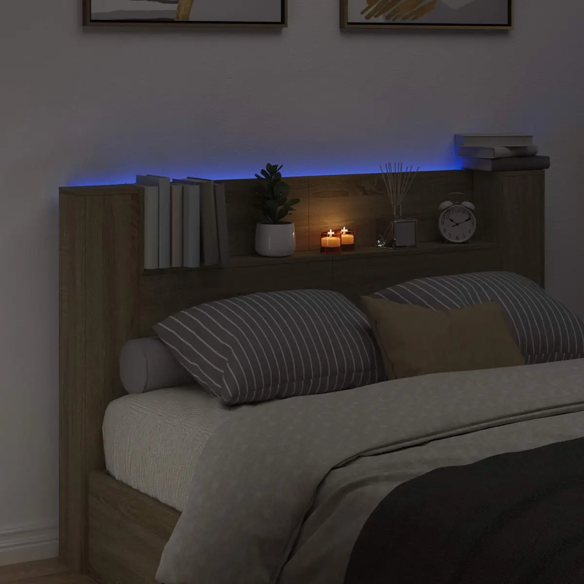 Storage Headboard Brown Engineered Wood Integrated Shelving Adjustable RGB LED Lighting