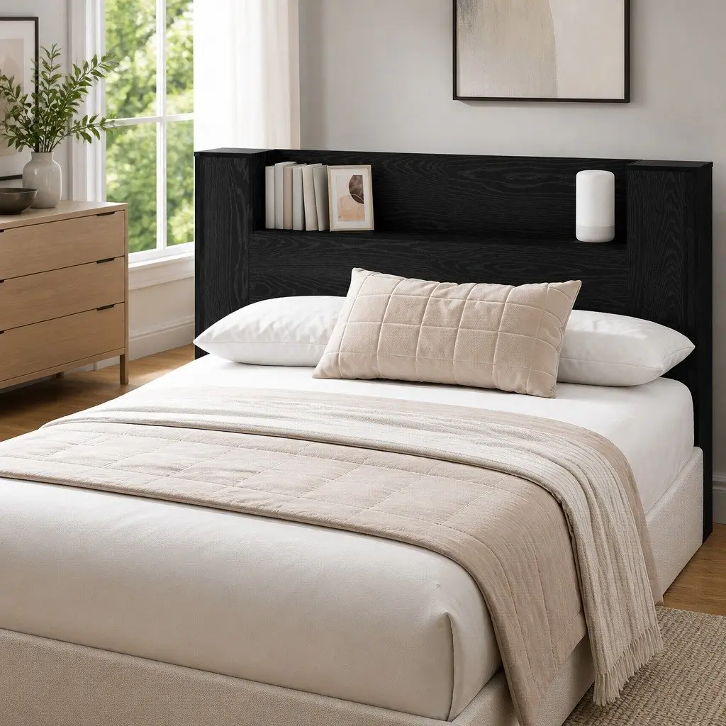 Storage Headboard Black Engineered Wood RGB LED Lights Integrated Shelving