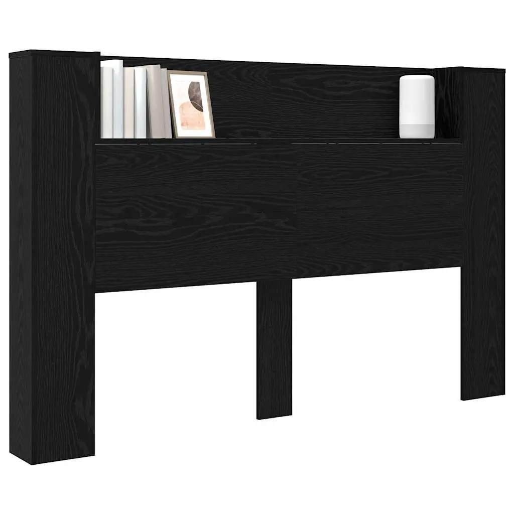 Storage Headboard Black Engineered Wood RGB LED Lights Integrated Shelving