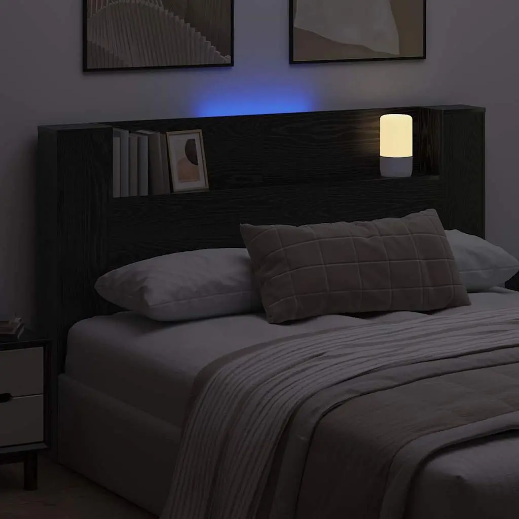 Storage Headboard Black Engineered Wood RGB LED Lights Integrated Shelving