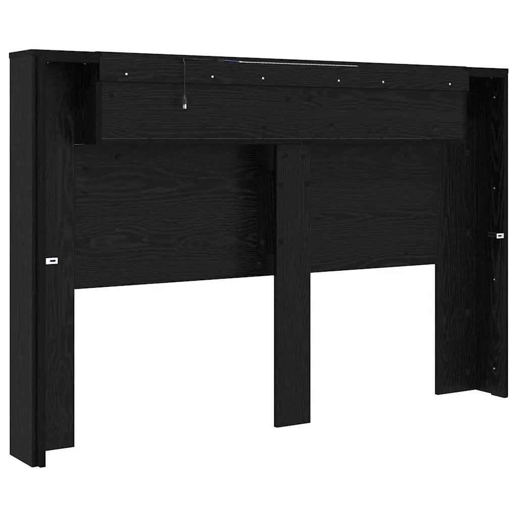Storage Headboard Black Engineered Wood RGB LED Lights Integrated Shelving