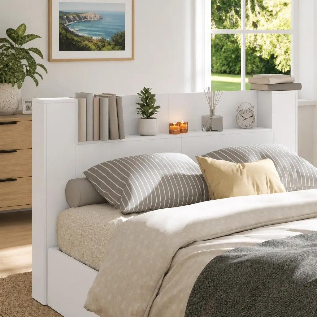 Storage Headboard White Engineered Wood USB Powered RGB LED Lights with Adjustable Brightness and Integrated Shelf