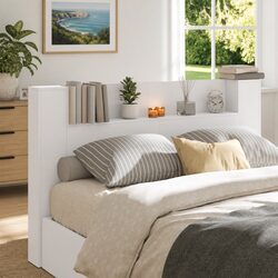 Storage Headboard with RGB LED Lights White Engineered Wood Bedroom Shelf