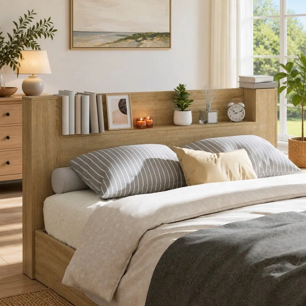 Storage Headboard with LED Lights Brown Engineered Wood Bedroom Shelf