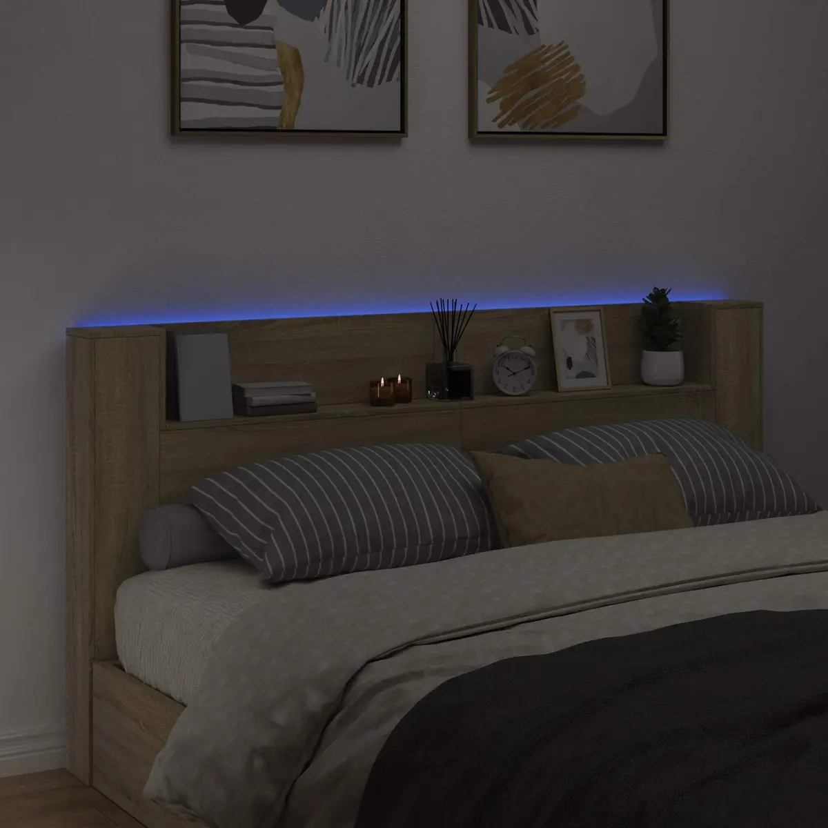 Storage Headboard Brown Sonoma Oak Engineered Wood with RGB LED Lights