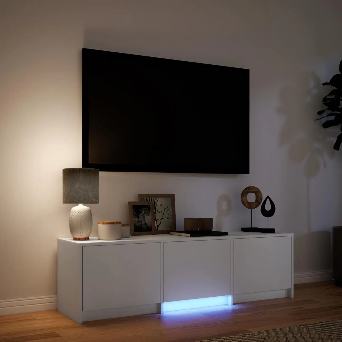 White TV Cabinet with Adjustable LED Lighting