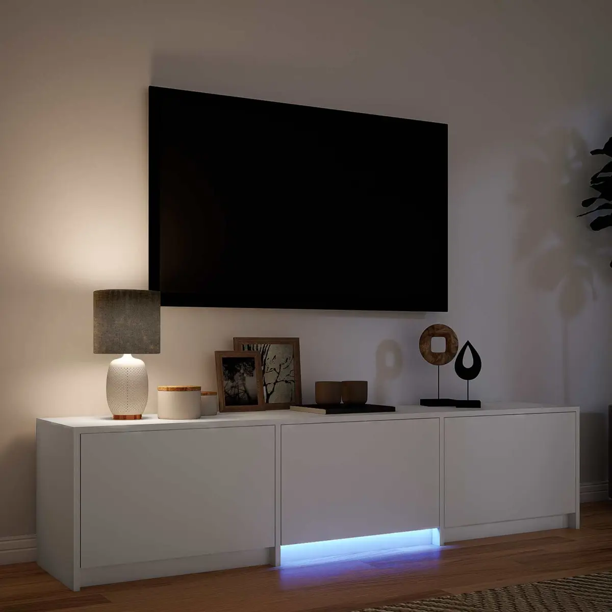 TV Cabinet White 165cm Engineered Wood LED Lights Storage Unit