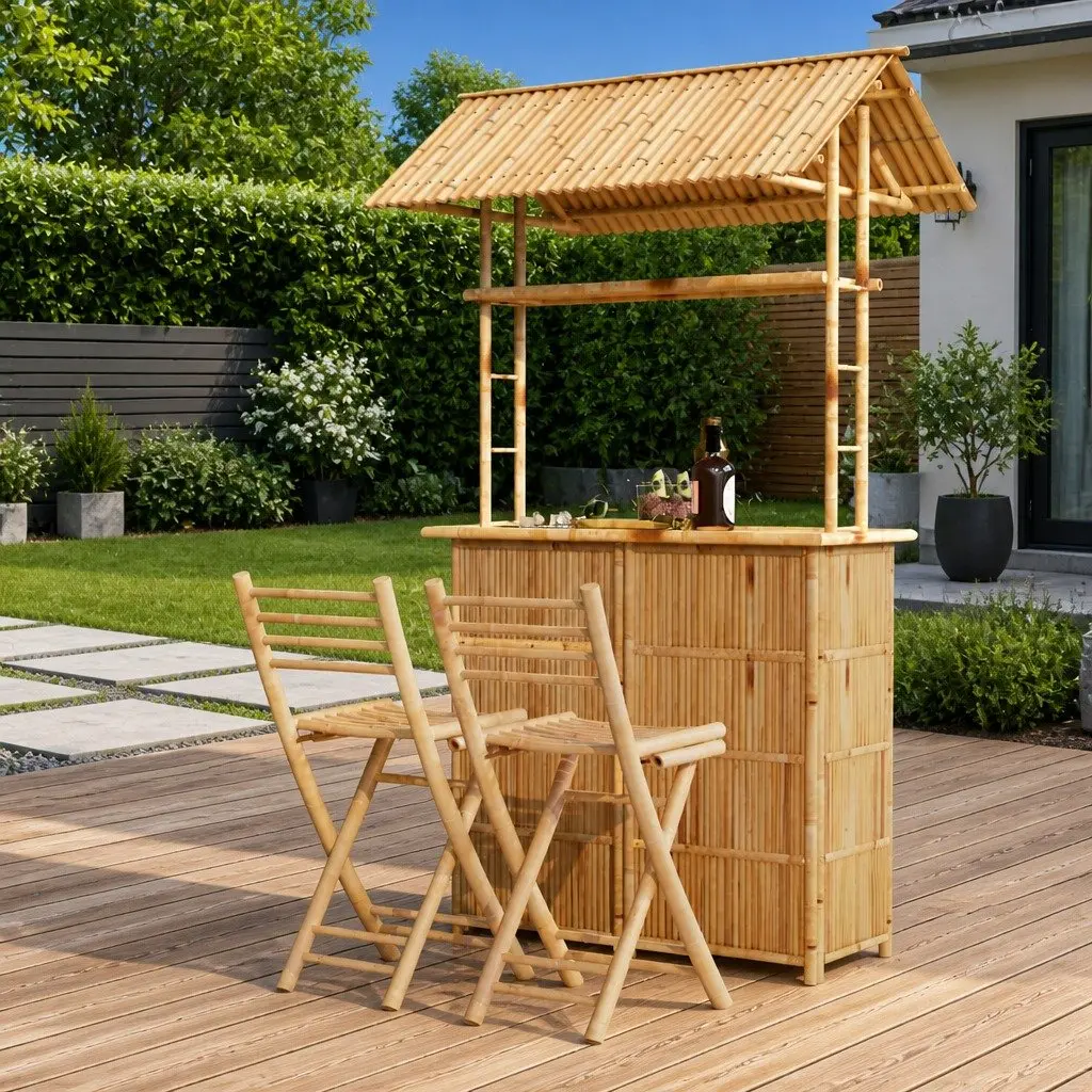 Bamboo Bar Set 3 Piece Garden Patio Outdoor Furniture Tropical Brown Foldable