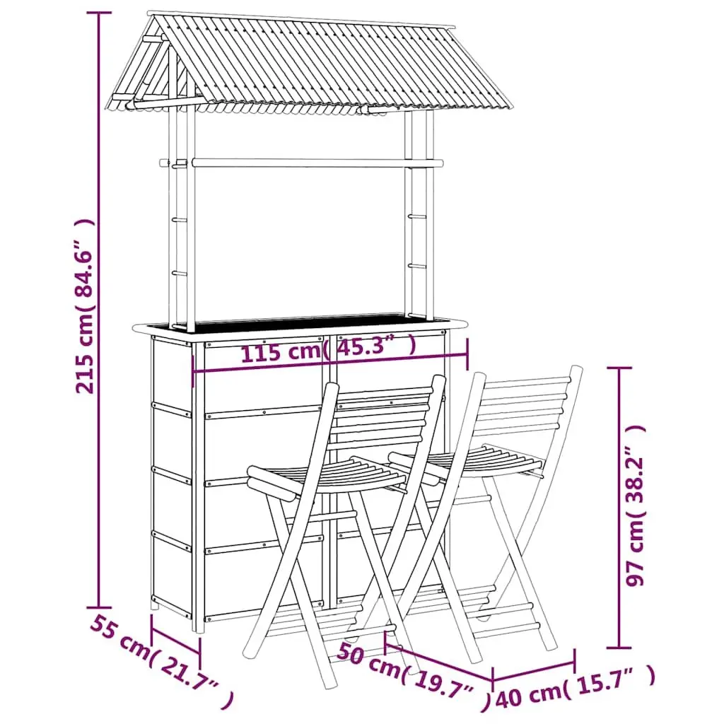 Bamboo Bar Set 3 Piece Garden Patio Outdoor Furniture Tropical Brown Foldable