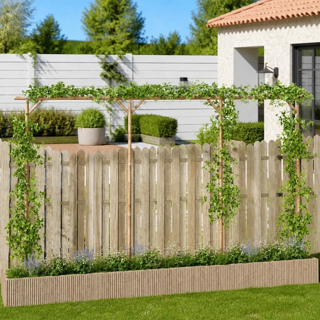 Bamboo Garden Pergola Brown 385L x 40W x 205H cm Farmhouse Style Outdoor Shade Structure