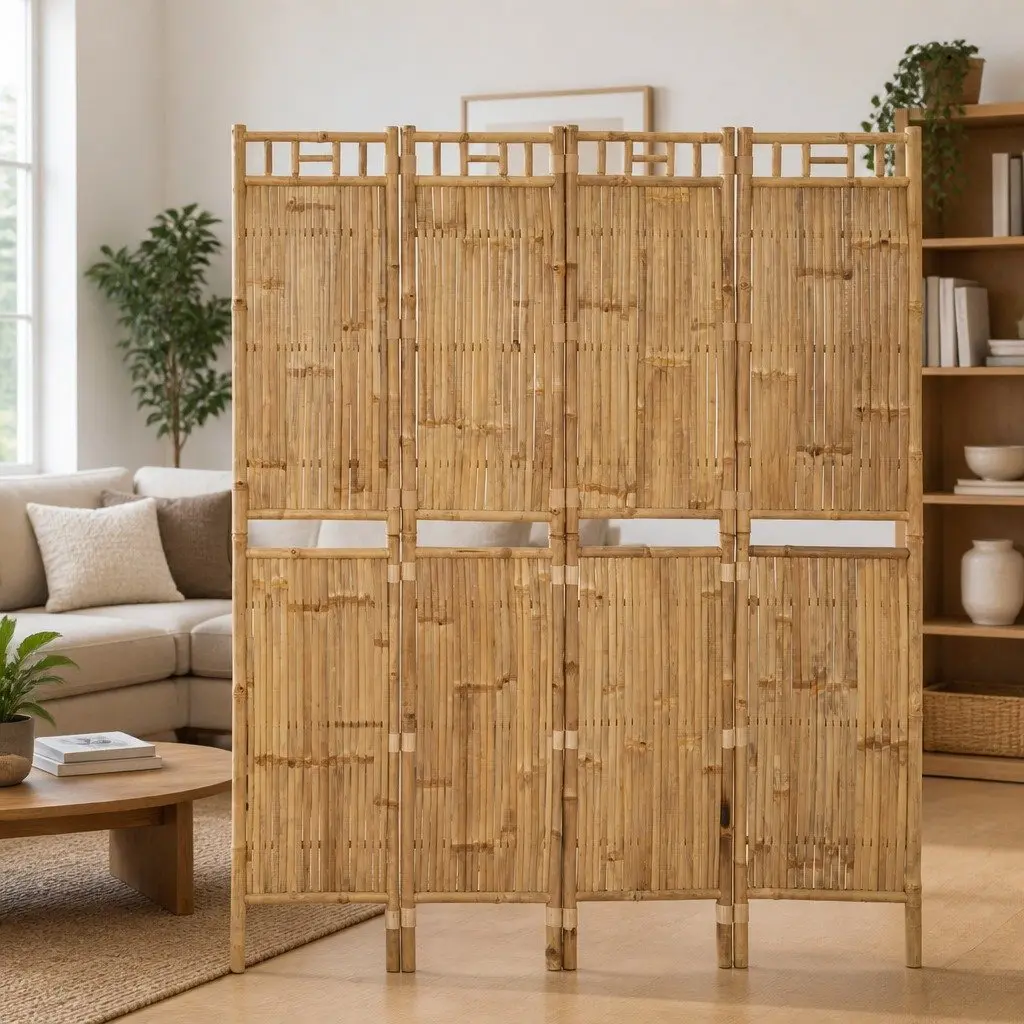 4-Panel Room Divider Brown Bamboo Folding Privacy Screen Indoor Outdoor Partition