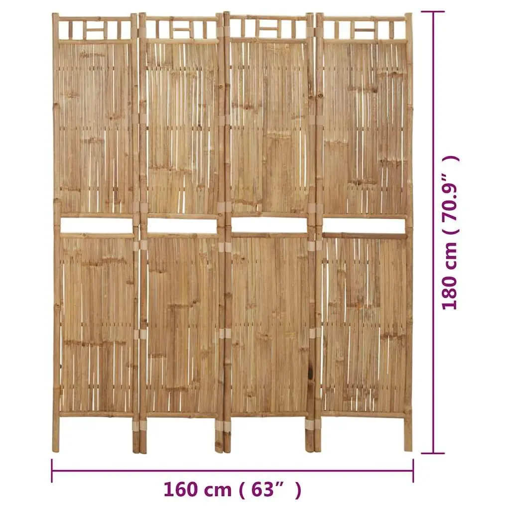 4-Panel Room Divider Brown Bamboo Folding Privacy Screen Indoor Outdoor Partition