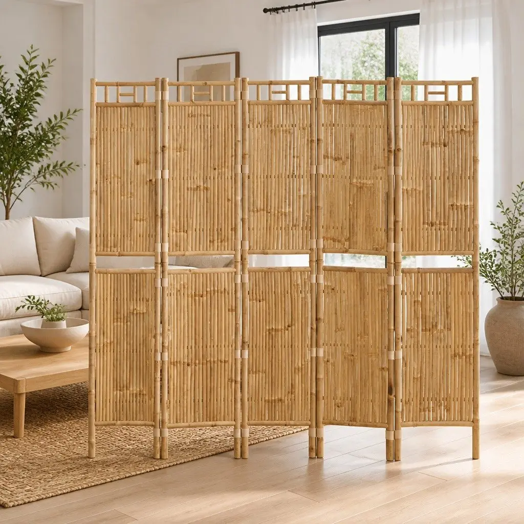 Bamboo Folding Room Divider 5-Panel Brown Privacy Screen 200x180cm
