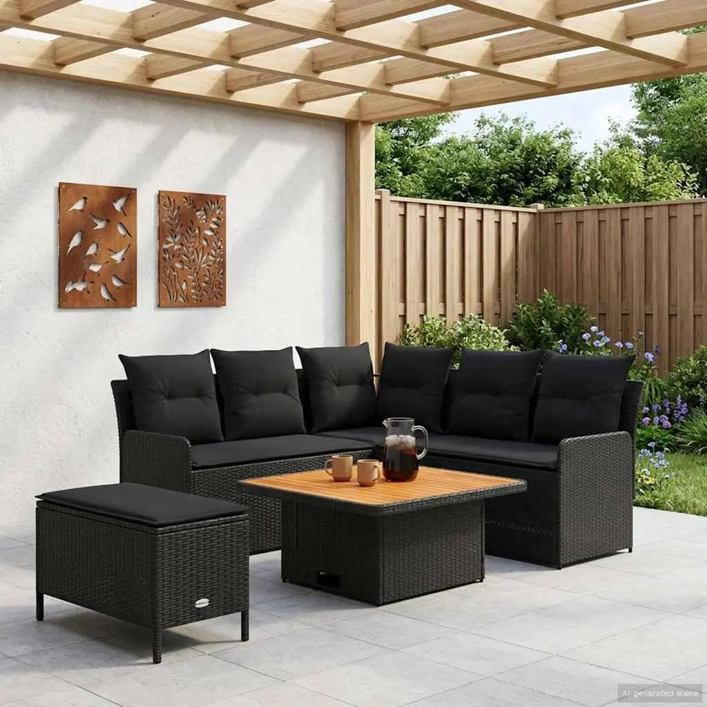 5 Piece Outdoor Indoor Furniture Set PE Rattan Sofa Lounge with Cushions Black