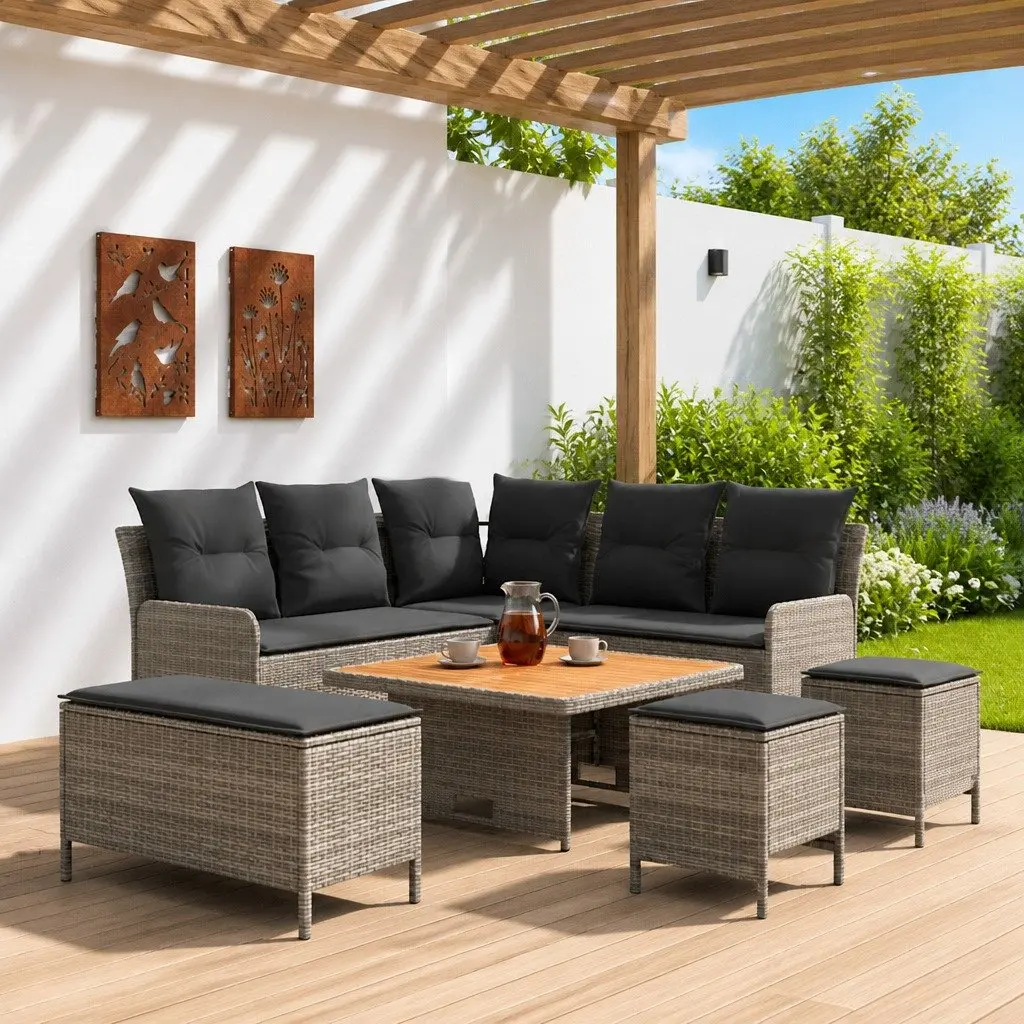 Outdoor Furniture Set Grey 7 Piece PE Rattan Patio Lounge Seating with Cushions