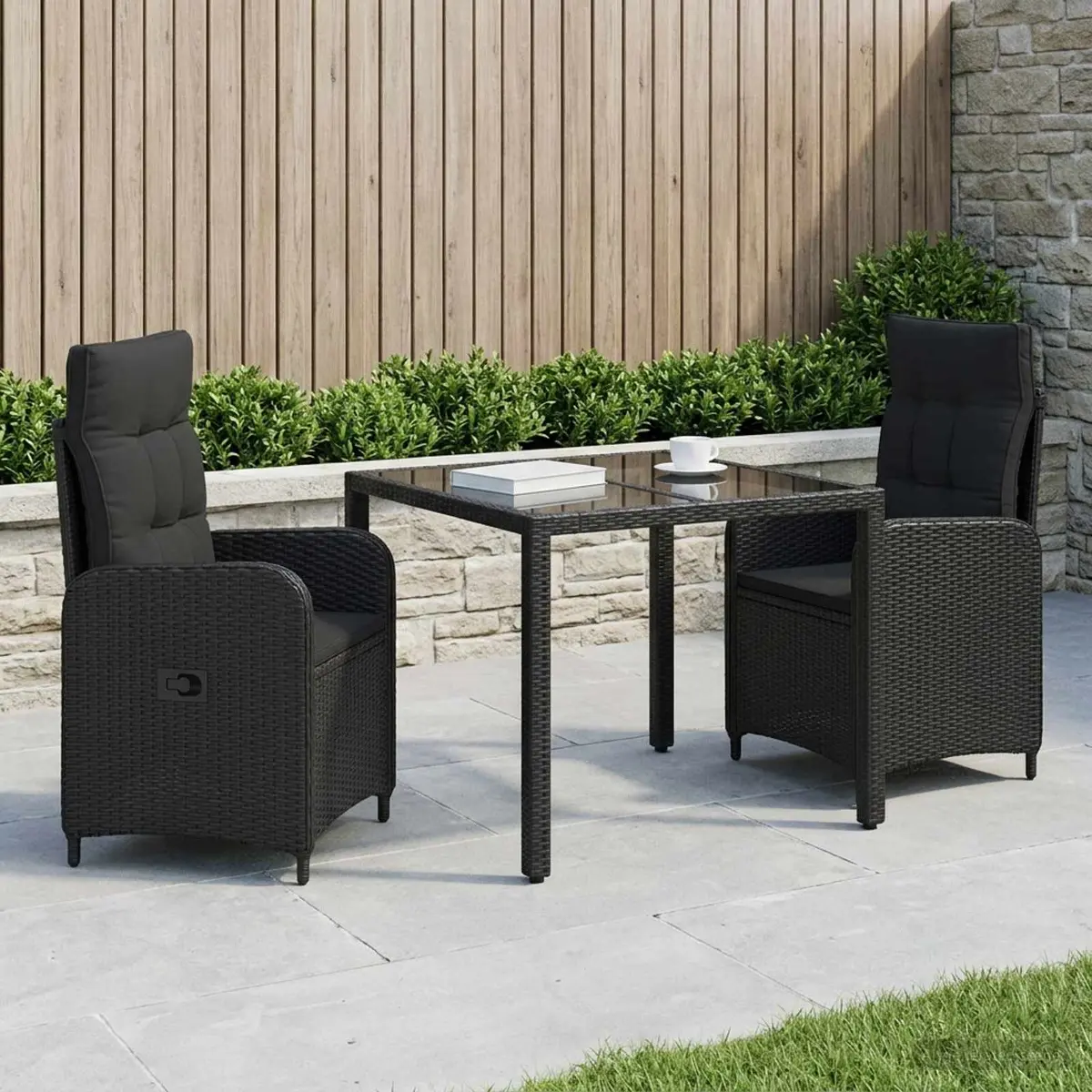 Outdoor Dining Set Black 3 Piece Patio Table Chairs with Adjustable Backrest and Removable Cushion Covers