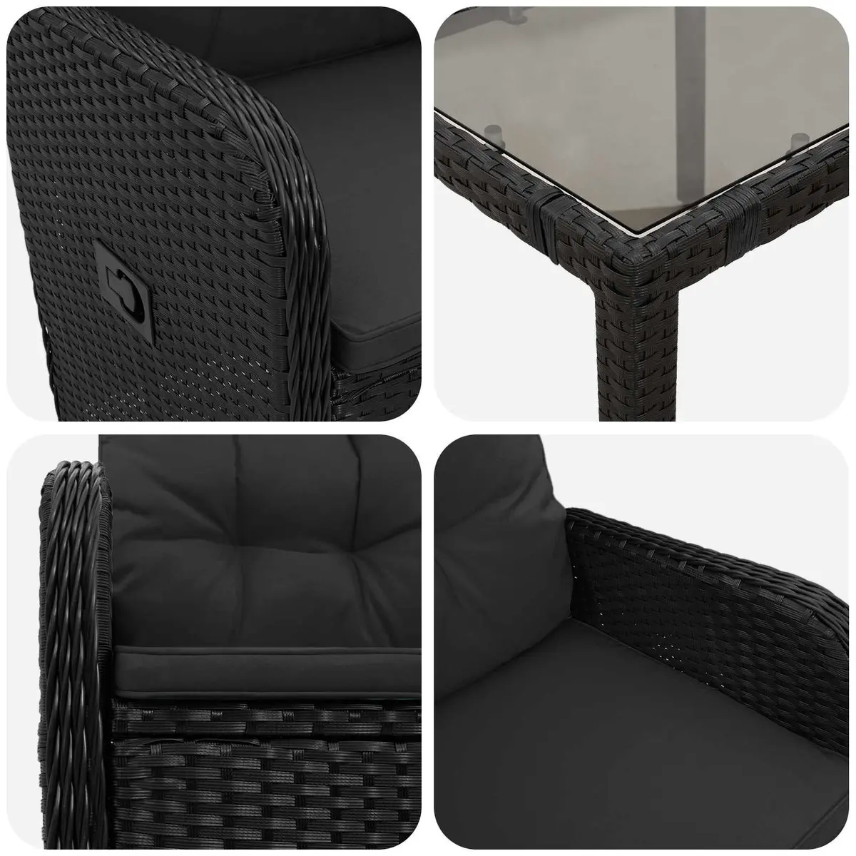 Outdoor Dining Set Black 3 Piece Patio Table Chairs with Adjustable Backrest and Removable Cushion Covers