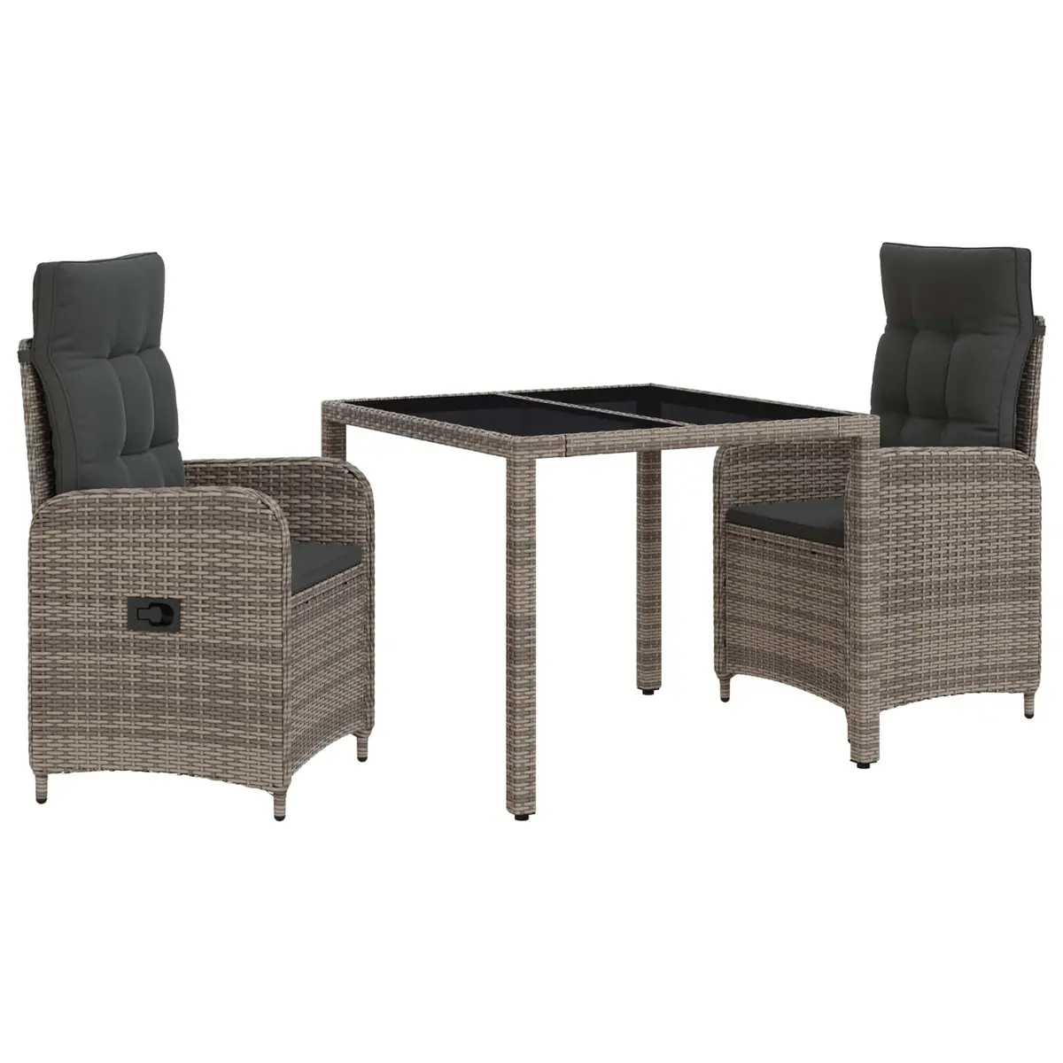 Outdoor Dining Set Grey 3 Pieces Tempered Glass Table Adjustable Backrest Chairs