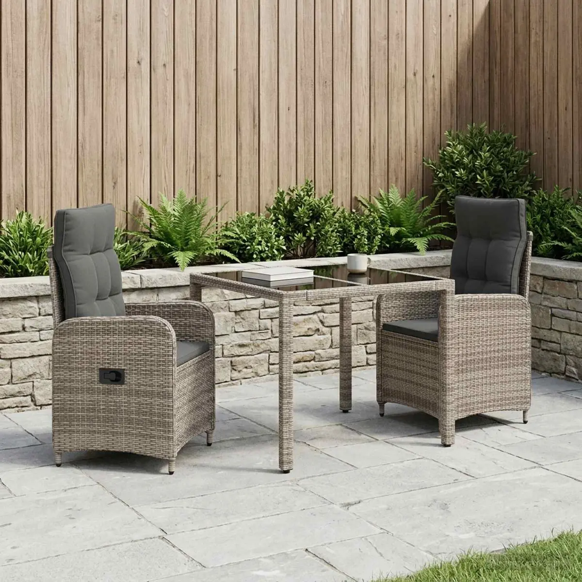 Outdoor Dining Set Grey 3 Pieces Tempered Glass Table Adjustable Backrest Chairs