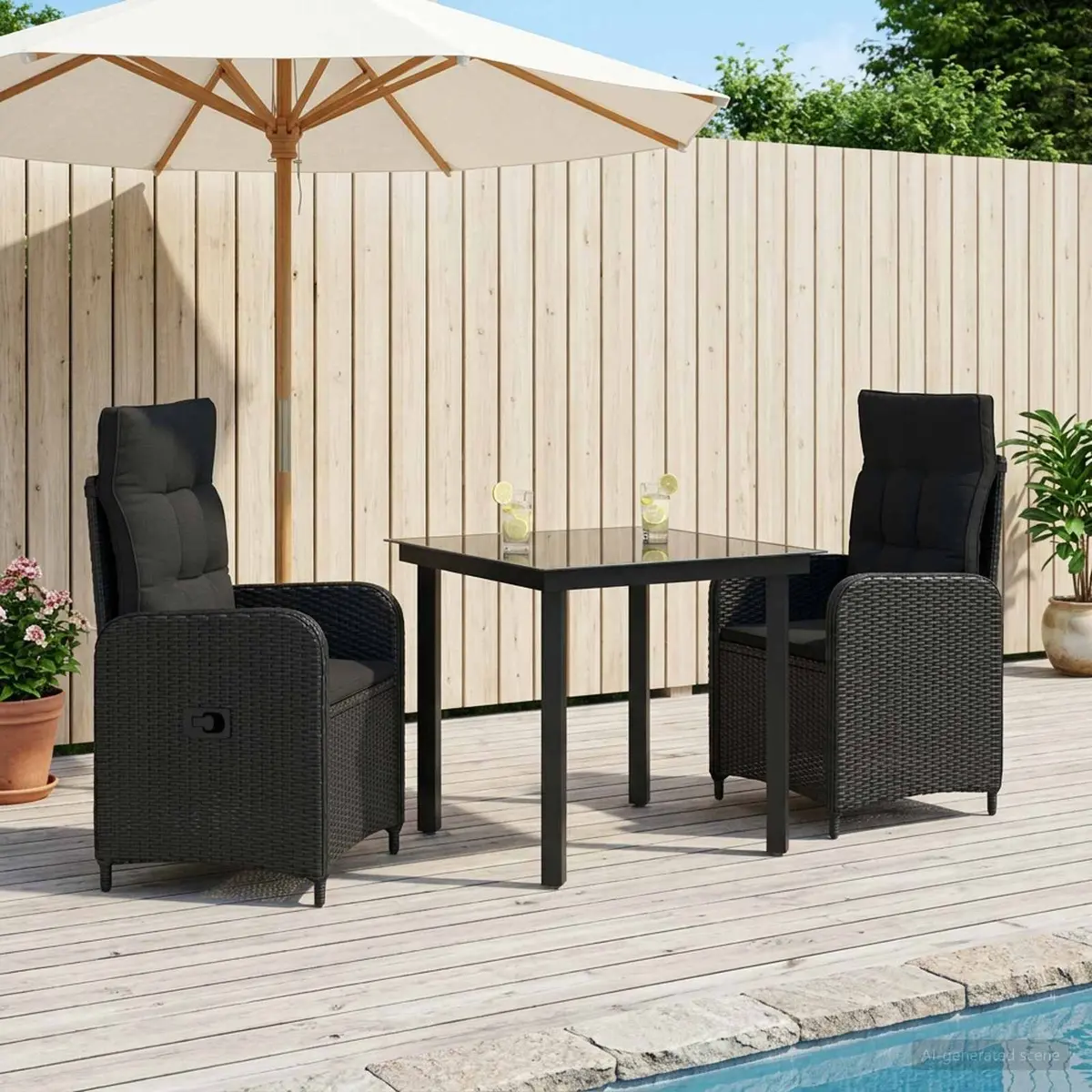 Garden Dining Set Black 3 Piece Adjustable Chairs Outdoor Table PE Rattan Patio Furniture