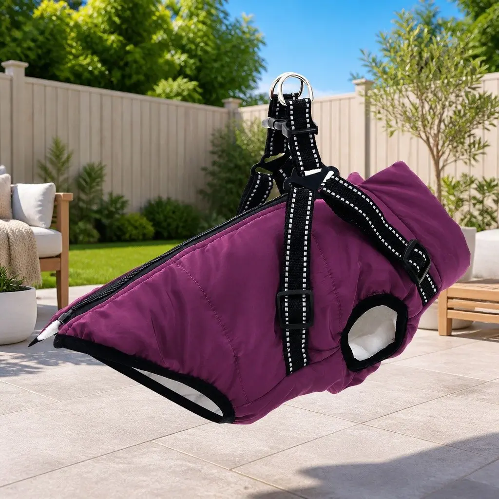 Dog Coat Purple L24 Winter Fleece Polyester Warm Outdoor Reflective