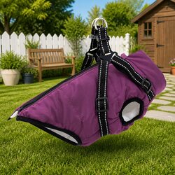 Dog Coat Purple L28 Fleece Polyester Waterproof Windproof Adjustable Harness