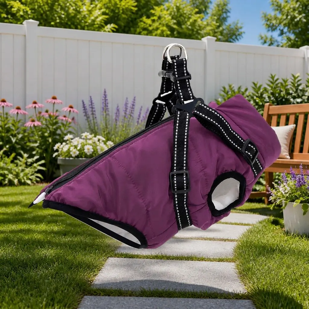 Dog Coat Purple L36 Fleece Polyester Water-resistant Windproof Adjustable Harness