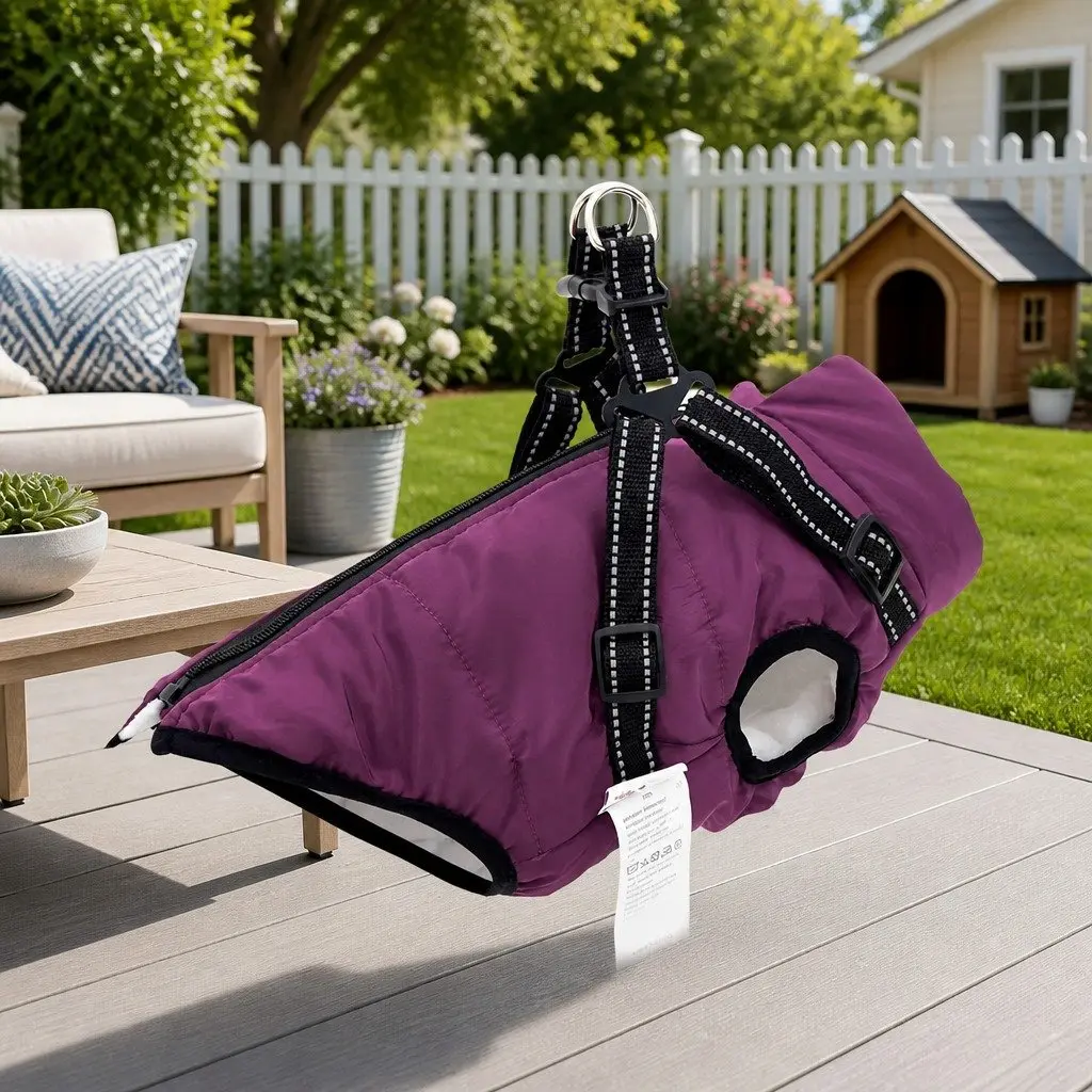 Dog Coat Purple L40 Fleece Polyester Water-Resistant Windproof Adjustable