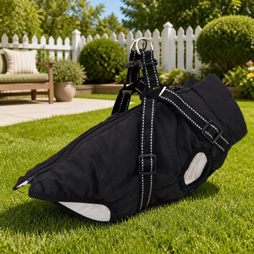Dog Coat Black L24 Waterproof Windproof Adjustable Reflective