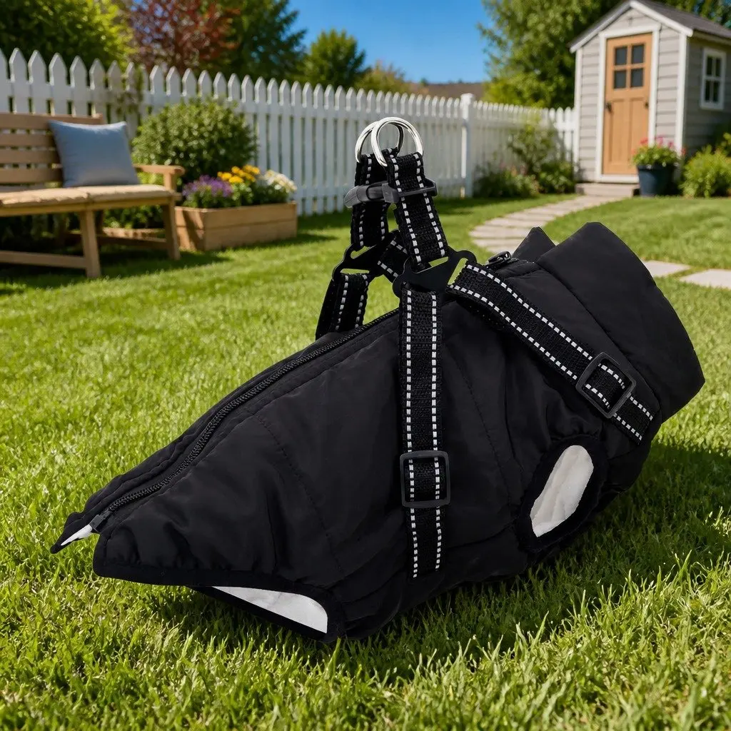 Dog Coat Black L28 Fleece Polyester Outdoor Winter Warm Adjustable Reflective