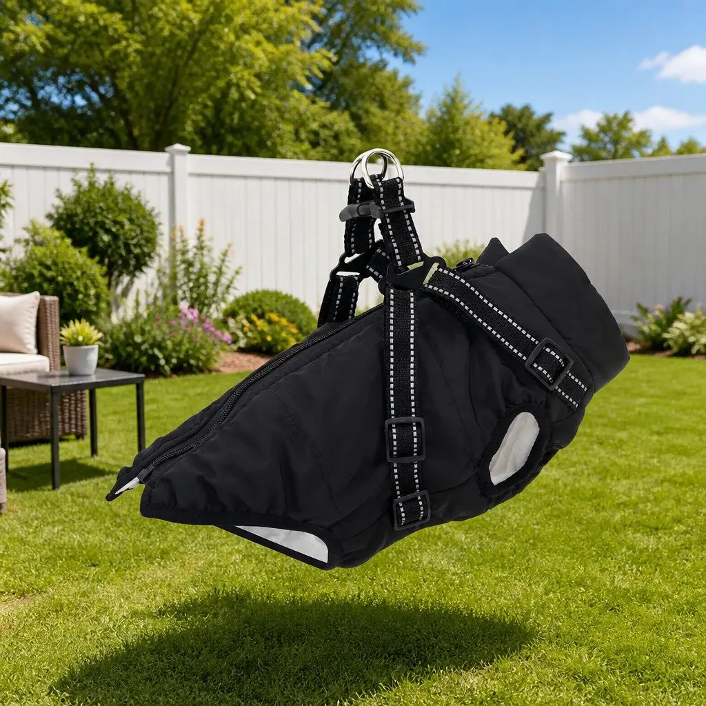 Dog Coat Black L32 Waterproof Windproof Reflective Fleece Polyester