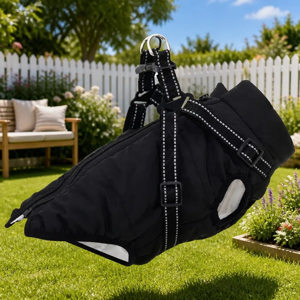 Dog Coat Black L36 Fleece Polyester Water-resistant Windproof Adjustable Harness