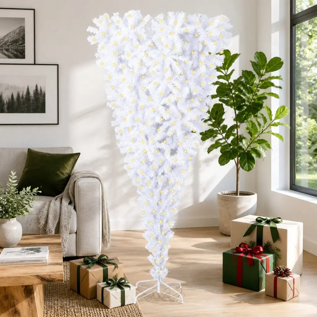 Artificial Christmas Tree White 210cm PVC Steel Stand with LED Lights for Indoor and Outdoor Use
