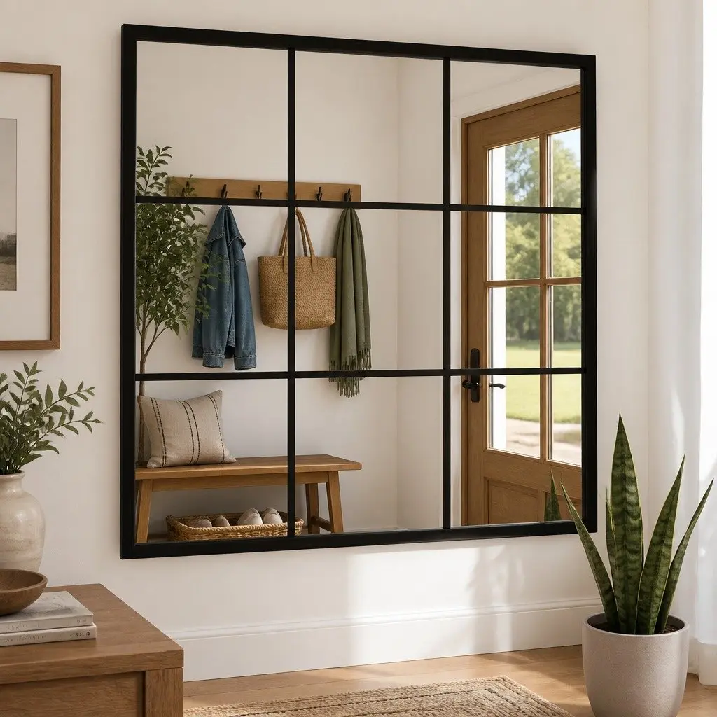 Wall Mirror Black 60x60cm Metal Frame Hook Mount