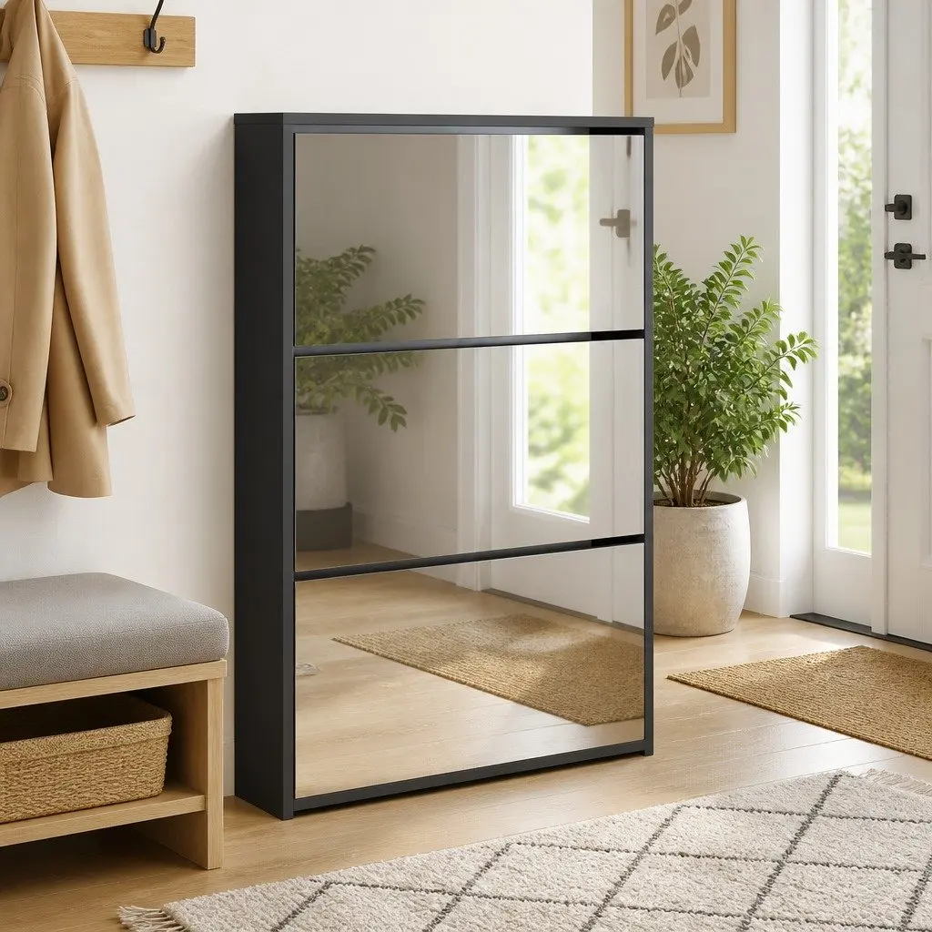 Shoe Cabinet Black 63x17x102.5cm 3-Layer Storage with Mirror