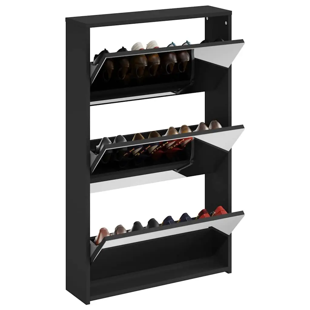 Shoe Cabinet Black 63x17x102.5cm 3-Layer Storage with Mirror