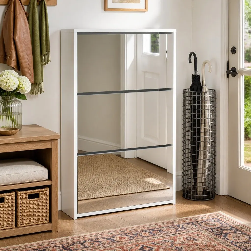 Shoe Cabinet White 3 Layer Storage Modern with Mirror for Hallway Entrance