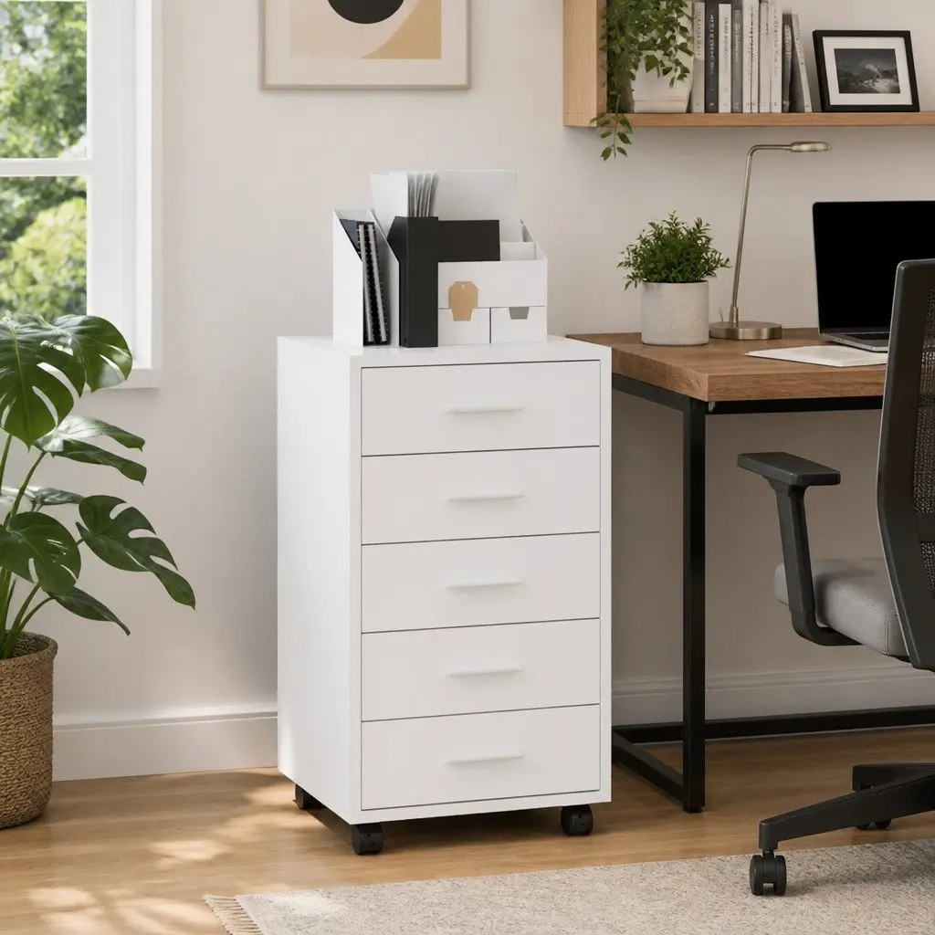 5 Drawer Storage Cabinet High Gloss White with Castors for Office or Study