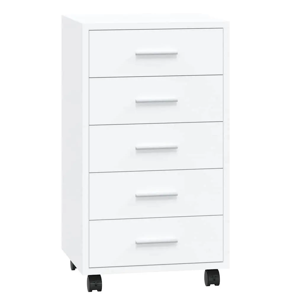 5 Drawer Storage Cabinet High Gloss White with Castors for Office or Study