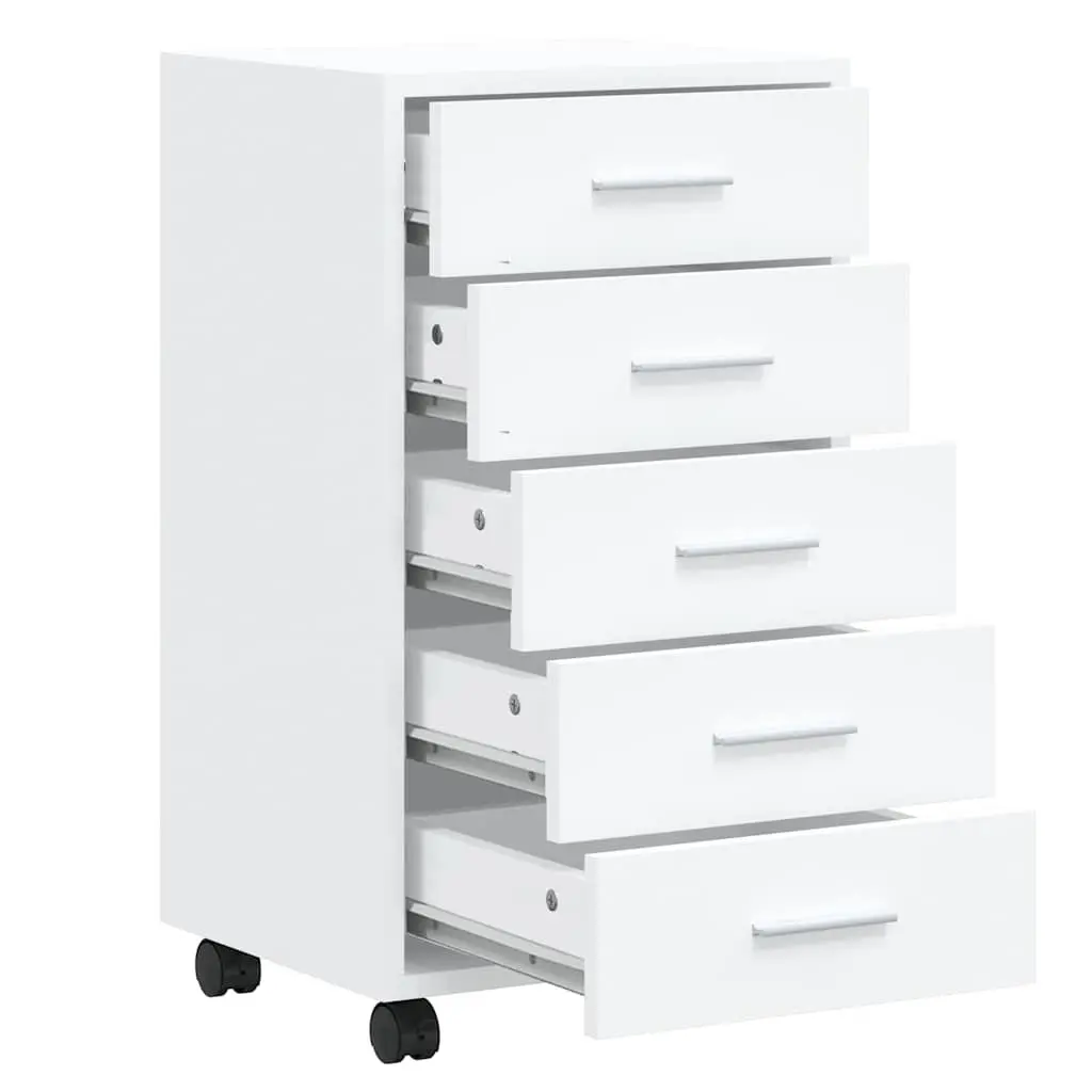 5 Drawer Storage Cabinet High Gloss White with Castors for Office or Study