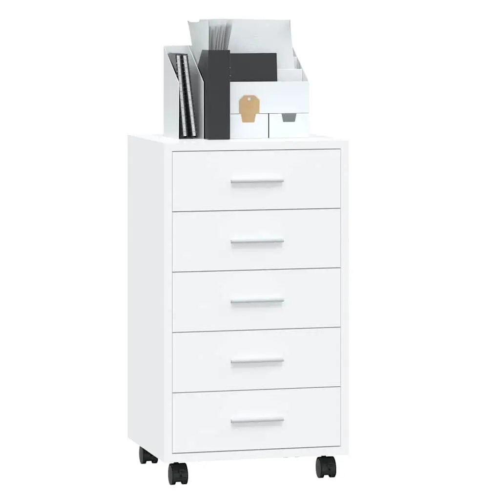 5 Drawer Storage Cabinet High Gloss White with Castors for Office or Study