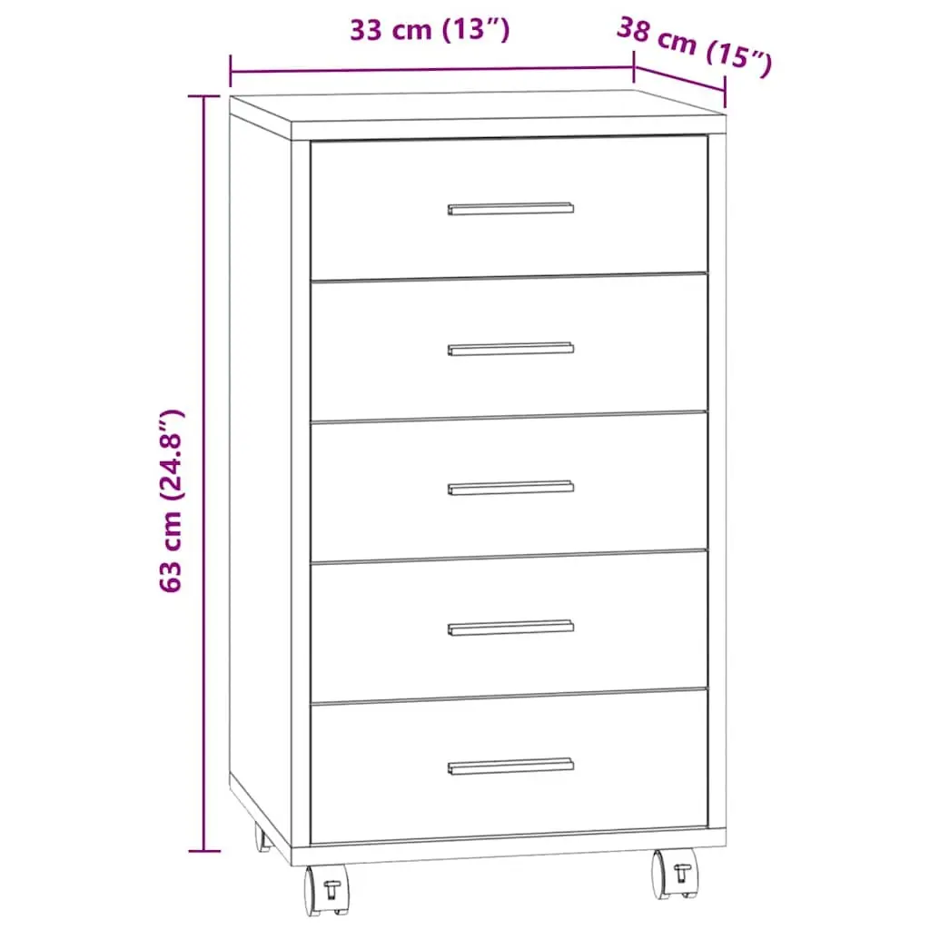 5 Drawer Storage Cabinet High Gloss White with Castors for Office or Study