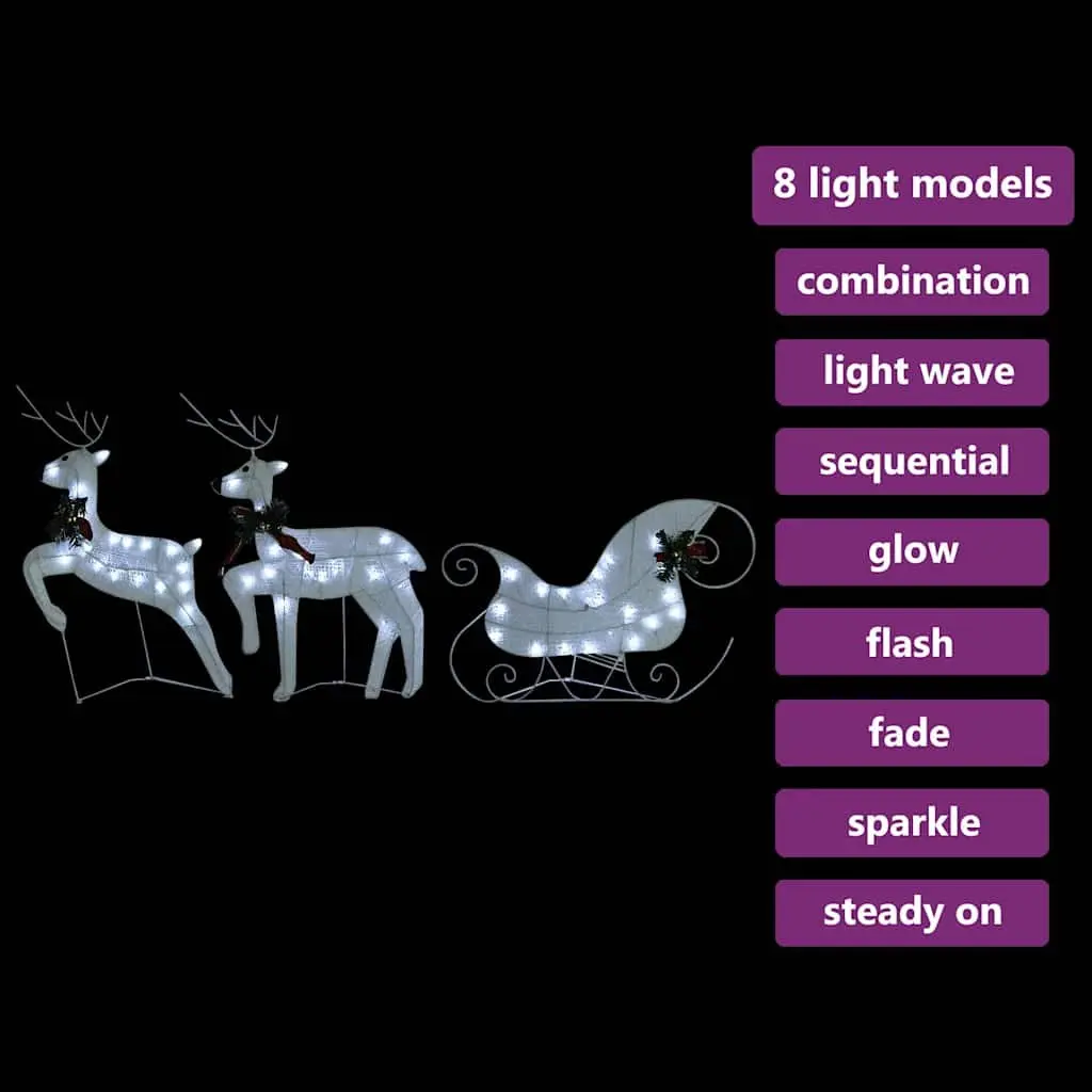Outdoor Decoration White 60 LED Lights Reindeer Sleigh Garden Display