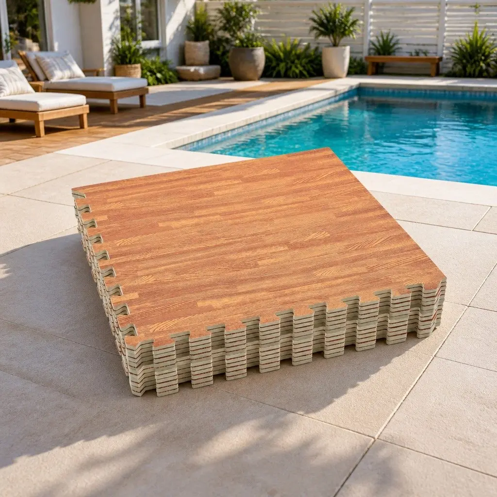 Pool Ground Mat Brown 12 Pieces EVA Foam Modular Interlocking Non-Slip Water-Resistant Quick-Drying Easy to Clean