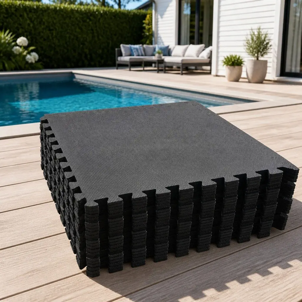 Pool Ground Mat Black 24 Piece Modular Tiles EVA Foam Interlocking Non-Slip Surface